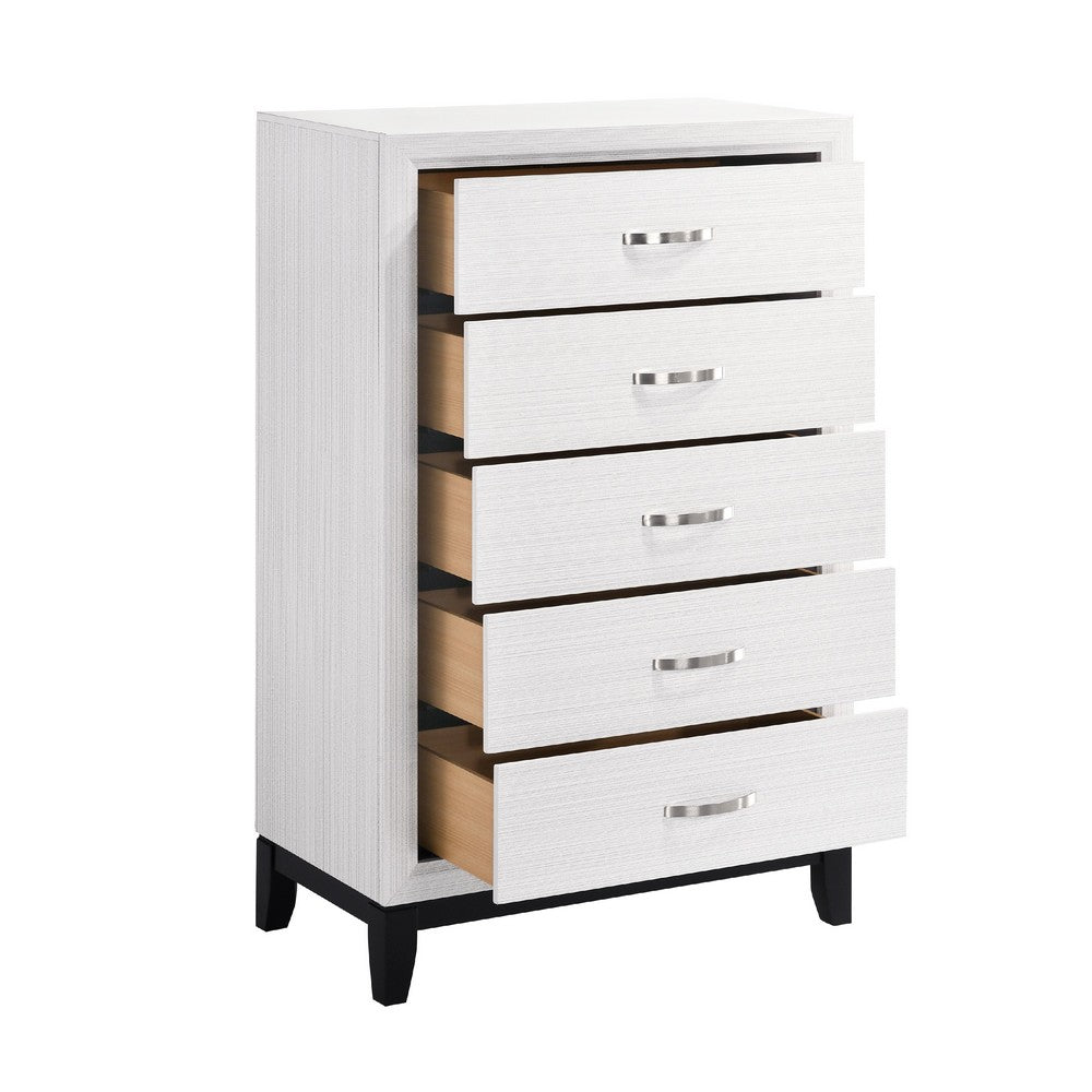 Benjara Ameya Tall Dresser Chest, 5 Drawers w Chrome Handles, White And Black