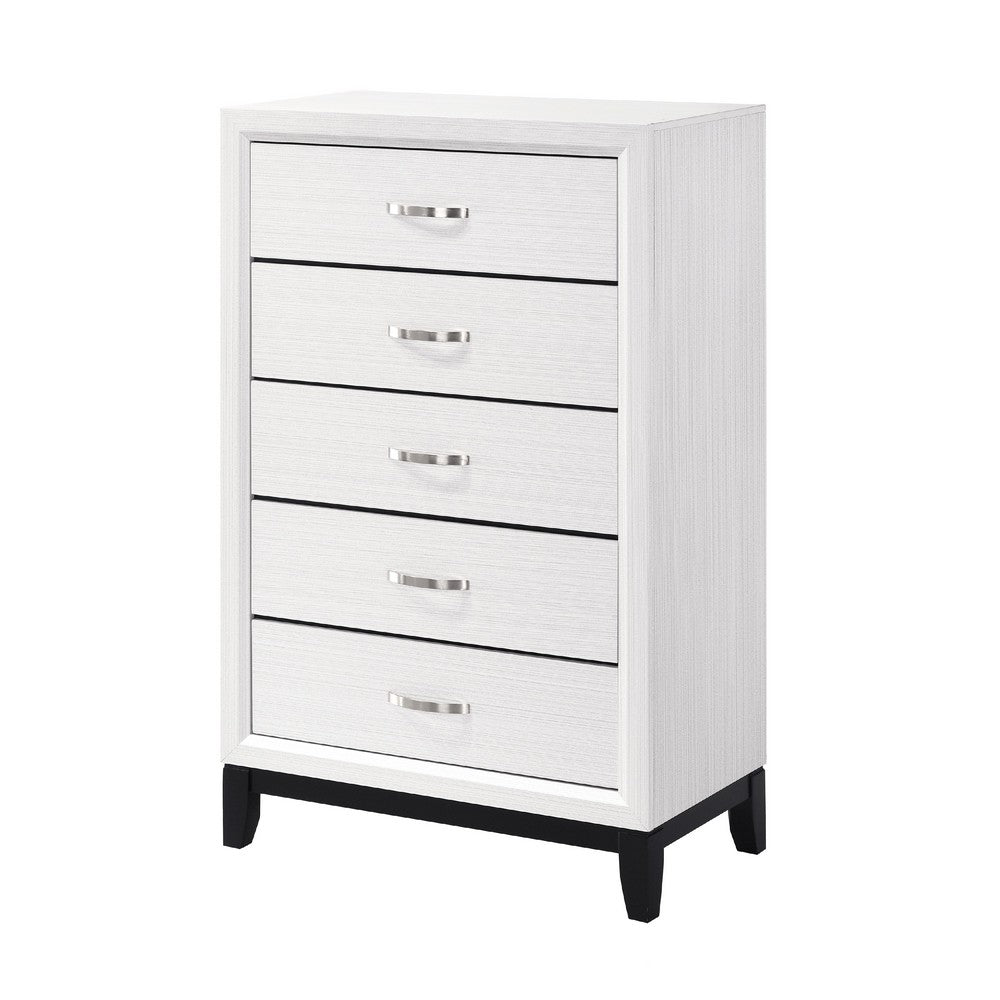 Benjara Ameya Tall Dresser Chest, 5 Drawers w Chrome Handles, White And Black