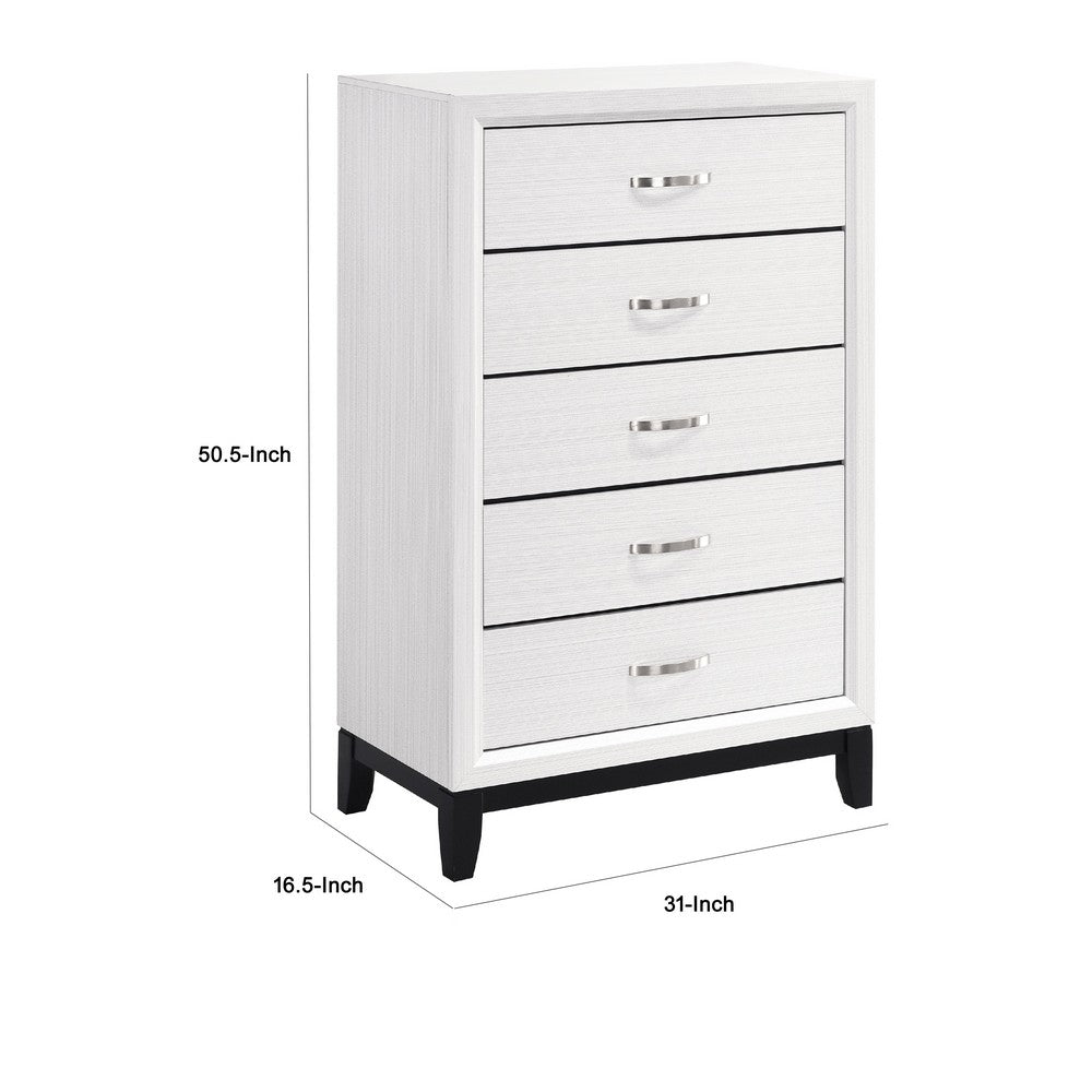 Benjara Ameya Tall Dresser Chest, 5 Drawers w Chrome Handles, White And Black