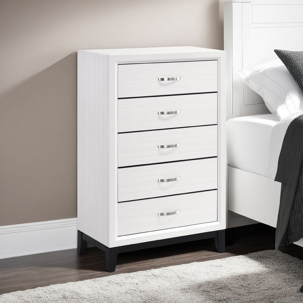 Benjara Ameya Tall Dresser Chest, 5 Drawers w Chrome Handles, White And Black