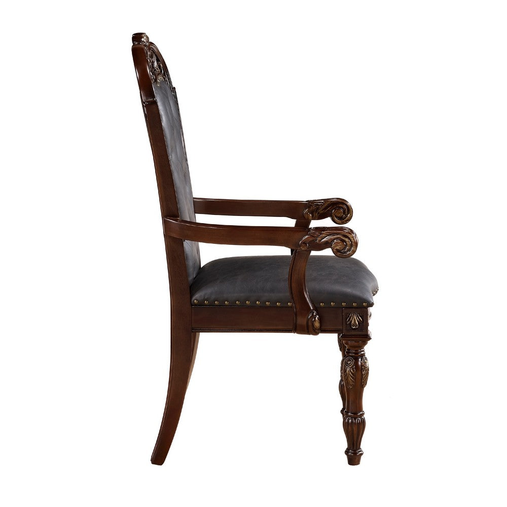 Benjara Nami Dining Armchair Set of 2, Traditional Carved Classy Cherry, Gray