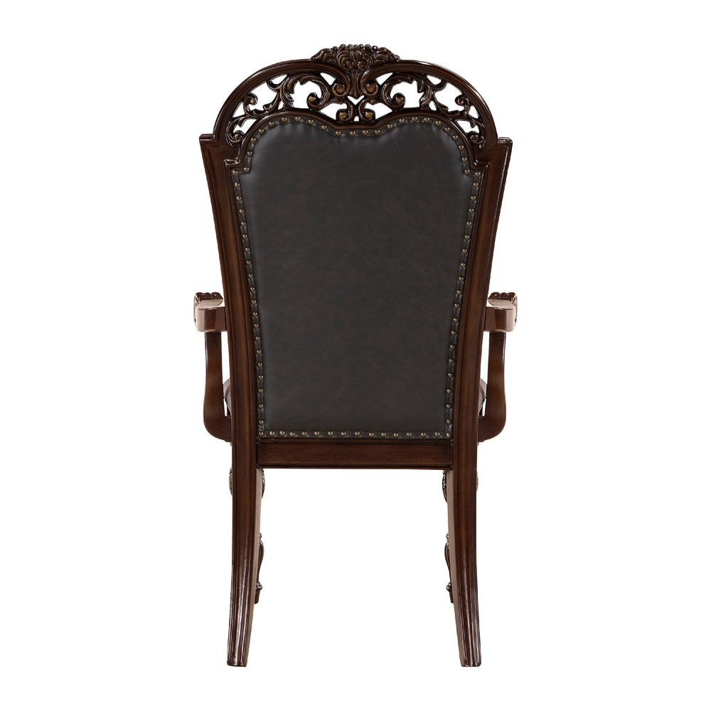Benjara Nami Dining Armchair Set of 2, Traditional Carved Classy Cherry, Gray