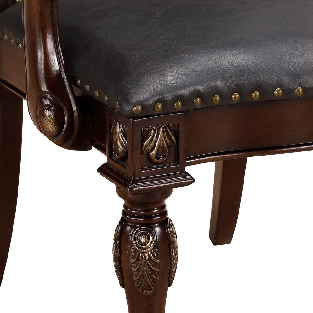 Benjara Nami Dining Armchair Set of 2, Traditional Carved Classy Cherry, Gray
