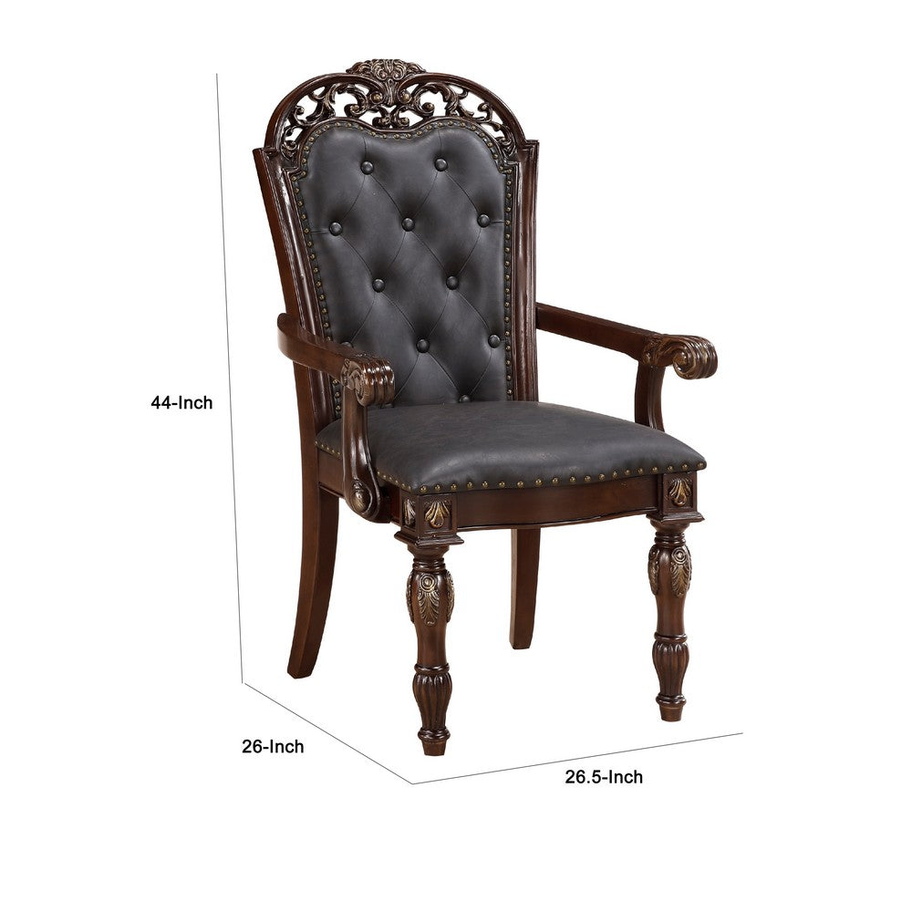 Benjara Nami Dining Armchair Set of 2, Traditional Carved Classy Cherry, Gray