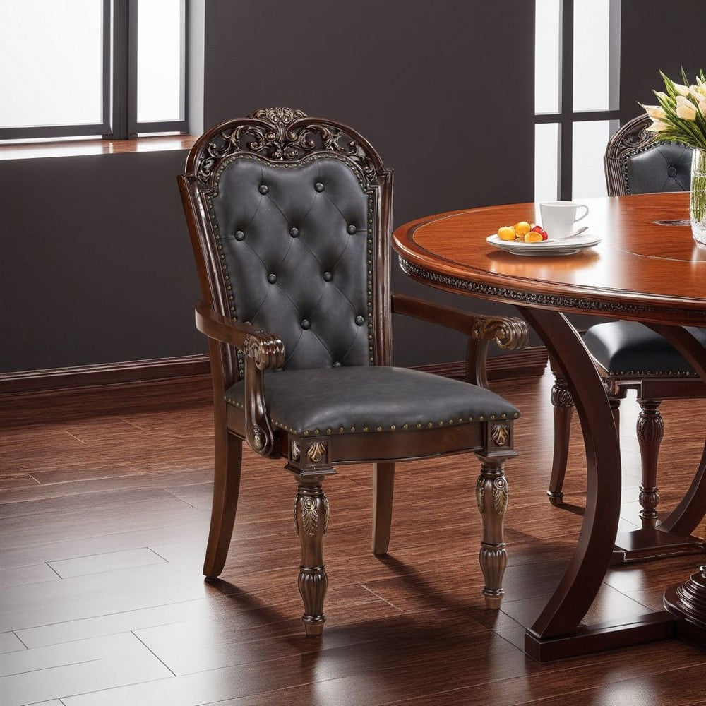 Benjara Nami Dining Armchair Set of 2, Traditional Carved Classy Cherry, Gray