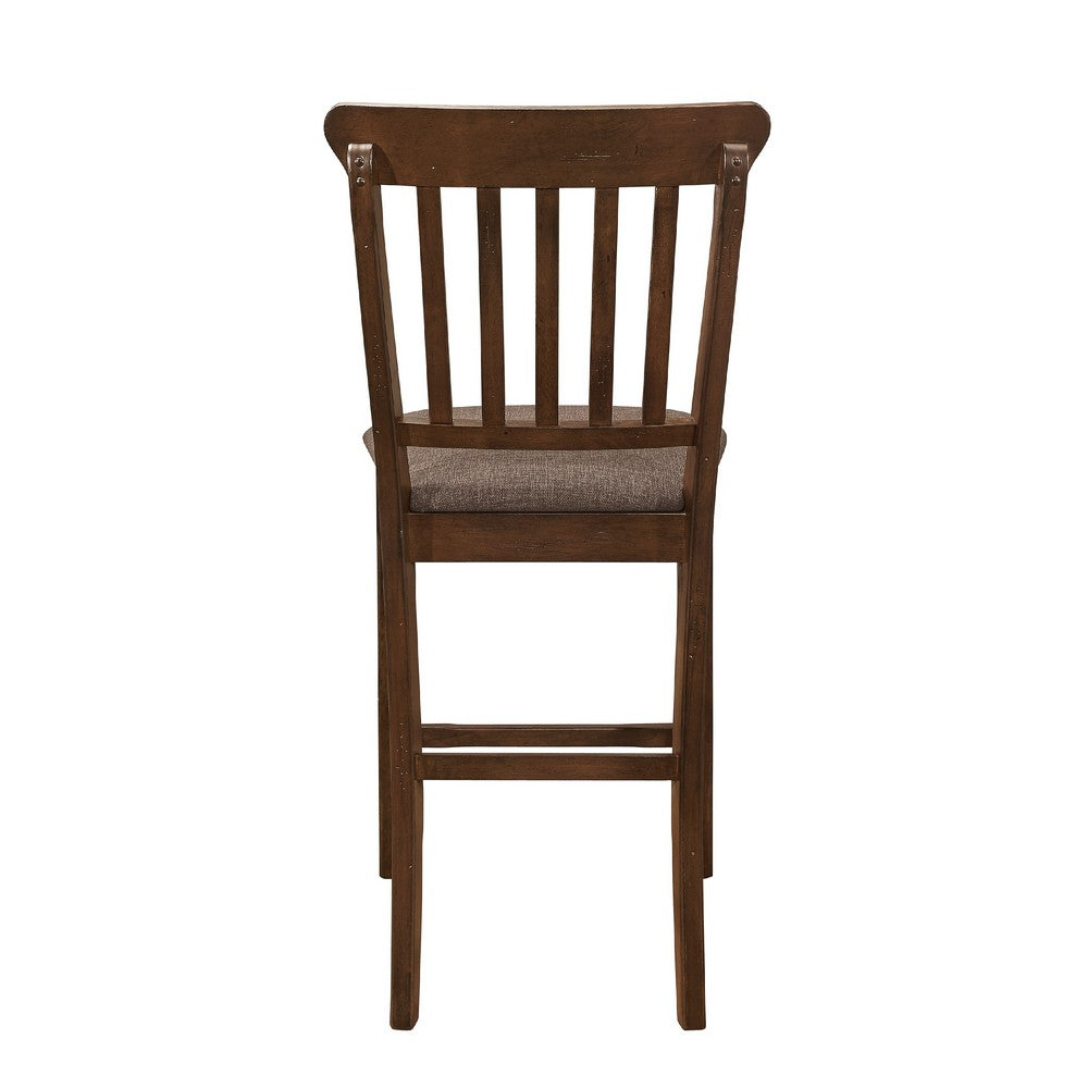 Benjara Lsy Counter Stool Chair Set of 2, Brown Wood, Fabric Upholstered Seat