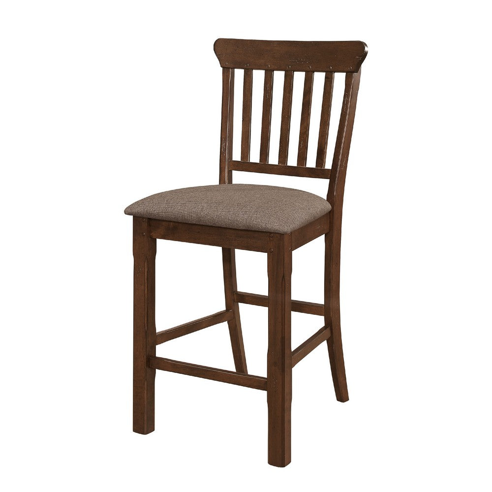 Benjara Lsy Counter Stool Chair Set of 2, Brown Wood, Fabric Upholstered Seat