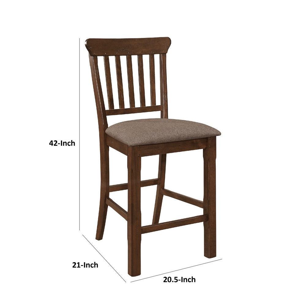 Benjara Lsy Counter Stool Chair Set of 2, Brown Wood, Fabric Upholstered Seat