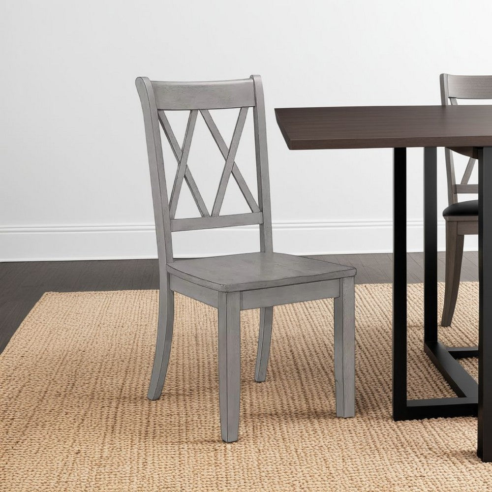 Benjara Janu Set of 2 Side Dining Chair, X Shaped Backrest, Gray Solid Wood