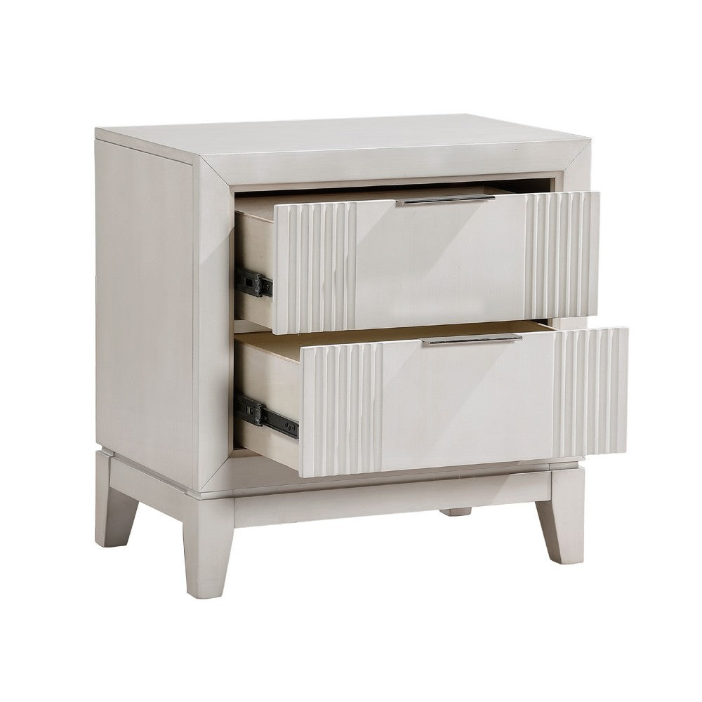 Benjara Flo Nightstand, 2 Drawers, Antique White Wood, Chrome Edge Handles