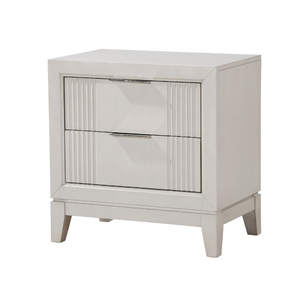 Benjara Flo Nightstand, 2 Drawers, Antique White Wood, Chrome Edge Handles