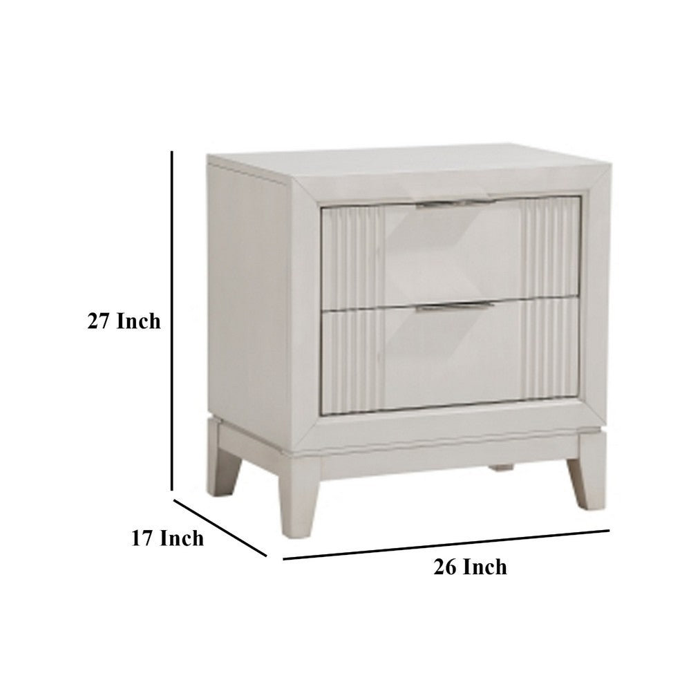 Benjara Flo Nightstand, 2 Drawers, Antique White Wood, Chrome Edge Handles