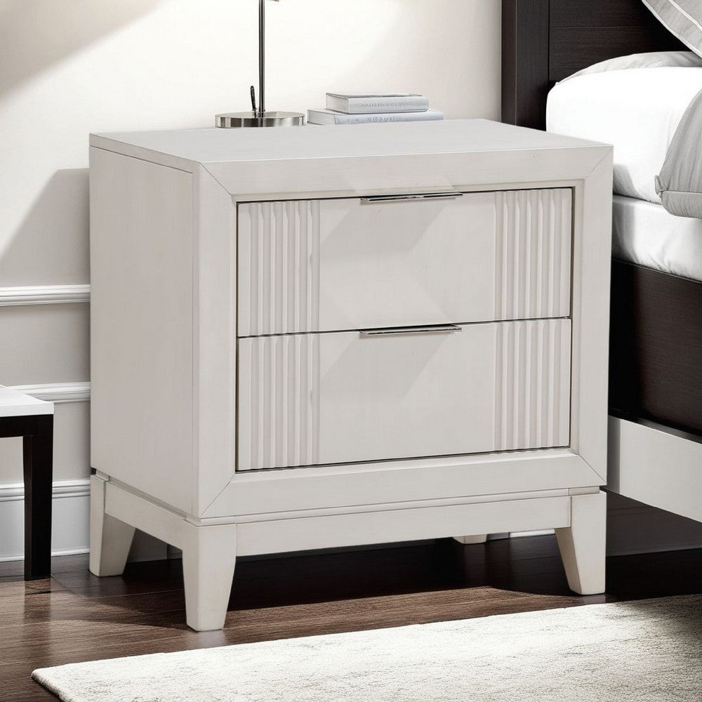 Benjara Flo Nightstand, 2 Drawers, Antique White Wood, Chrome Edge Handles
