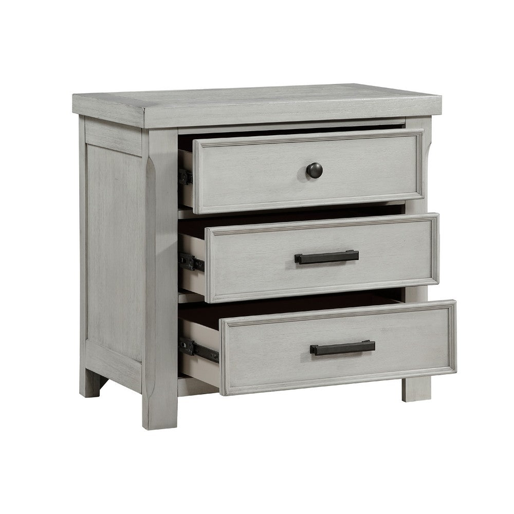 Benjara Brok Nightstand, 3 Drawers, Light Gray Acacia Wood, Black Bar Handles