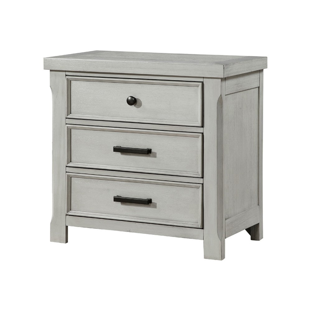 Benjara Brok Nightstand, 3 Drawers, Light Gray Acacia Wood, Black Bar Handles