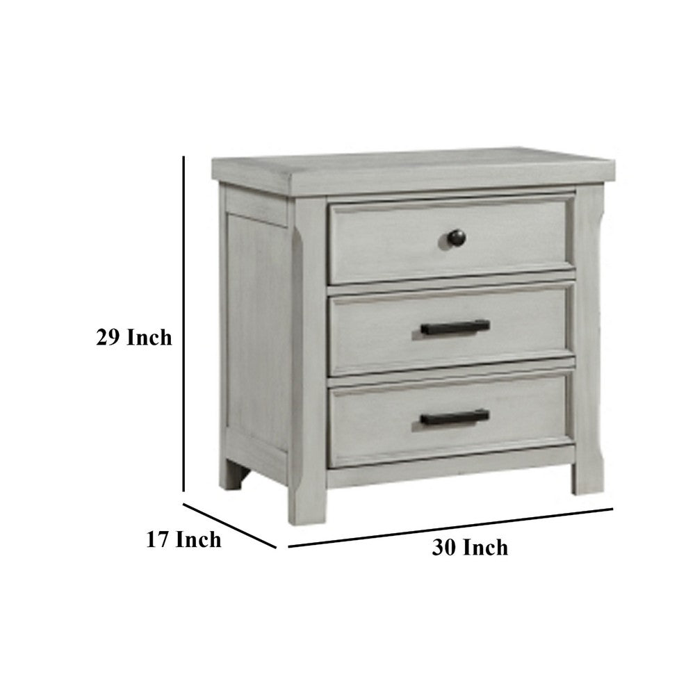Benjara Brok Nightstand, 3 Drawers, Light Gray Acacia Wood, Black Bar Handles