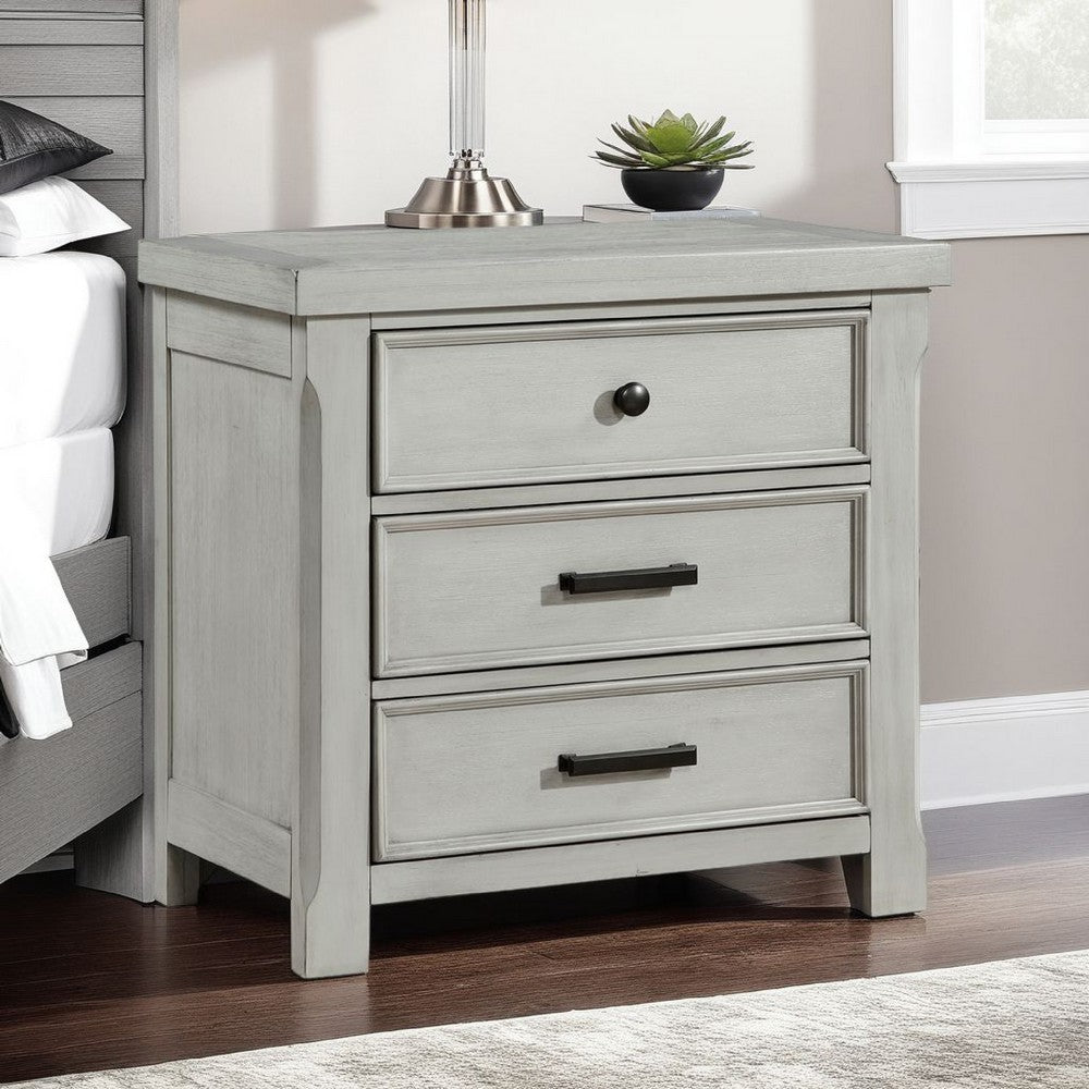 Benjara Brok Nightstand, 3 Drawers, Light Gray Acacia Wood, Black Bar Handles