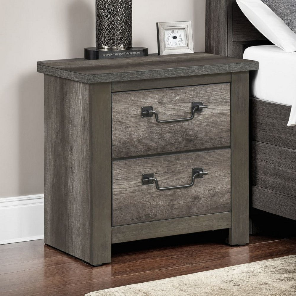 Benjara Nemy Nightstand, 2 Drawers, Gray Melamine Laminate, Drop Handles