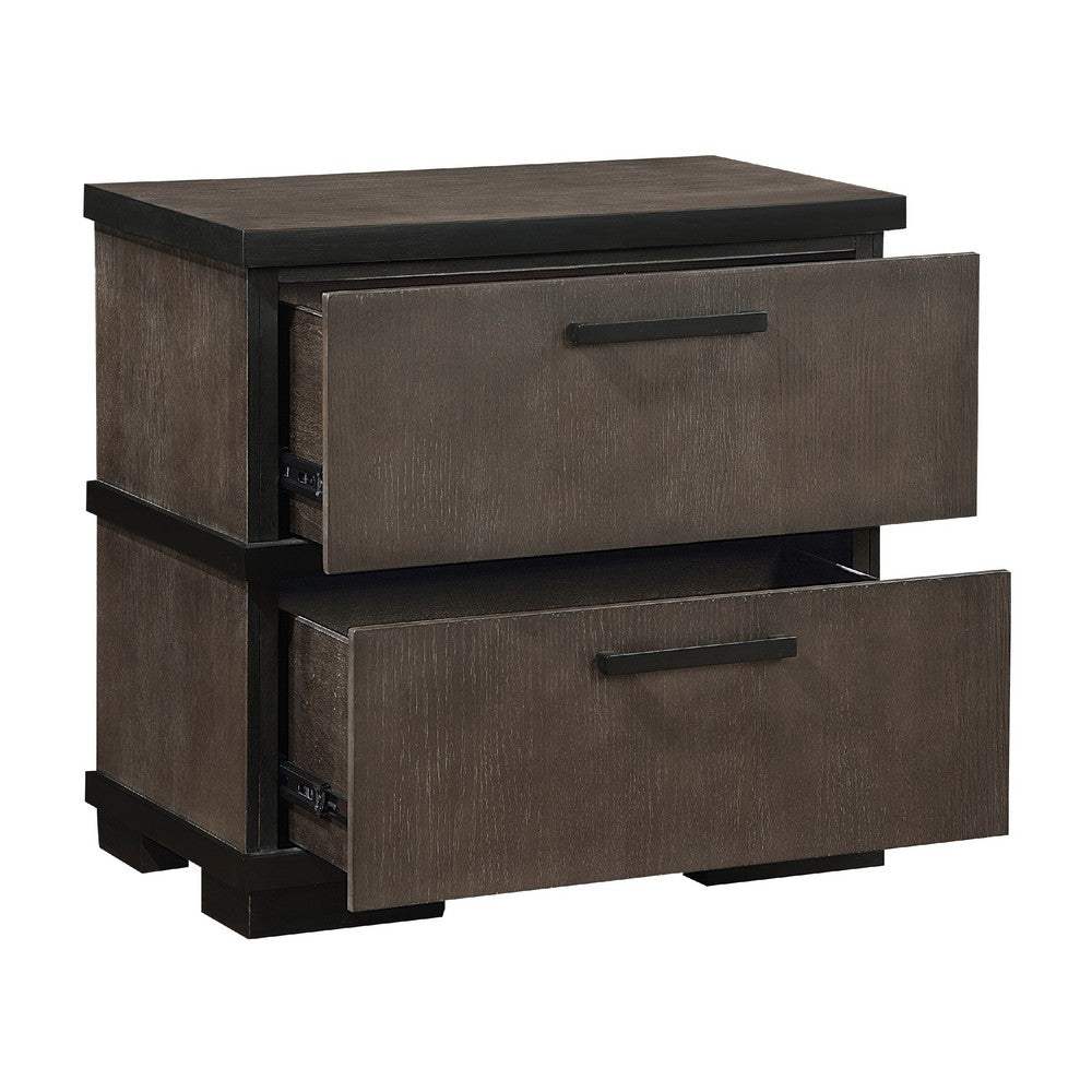 Benjara Acy Nightstand, 2 Drawers, Brownish Gray And Black Wood, Bar Handles