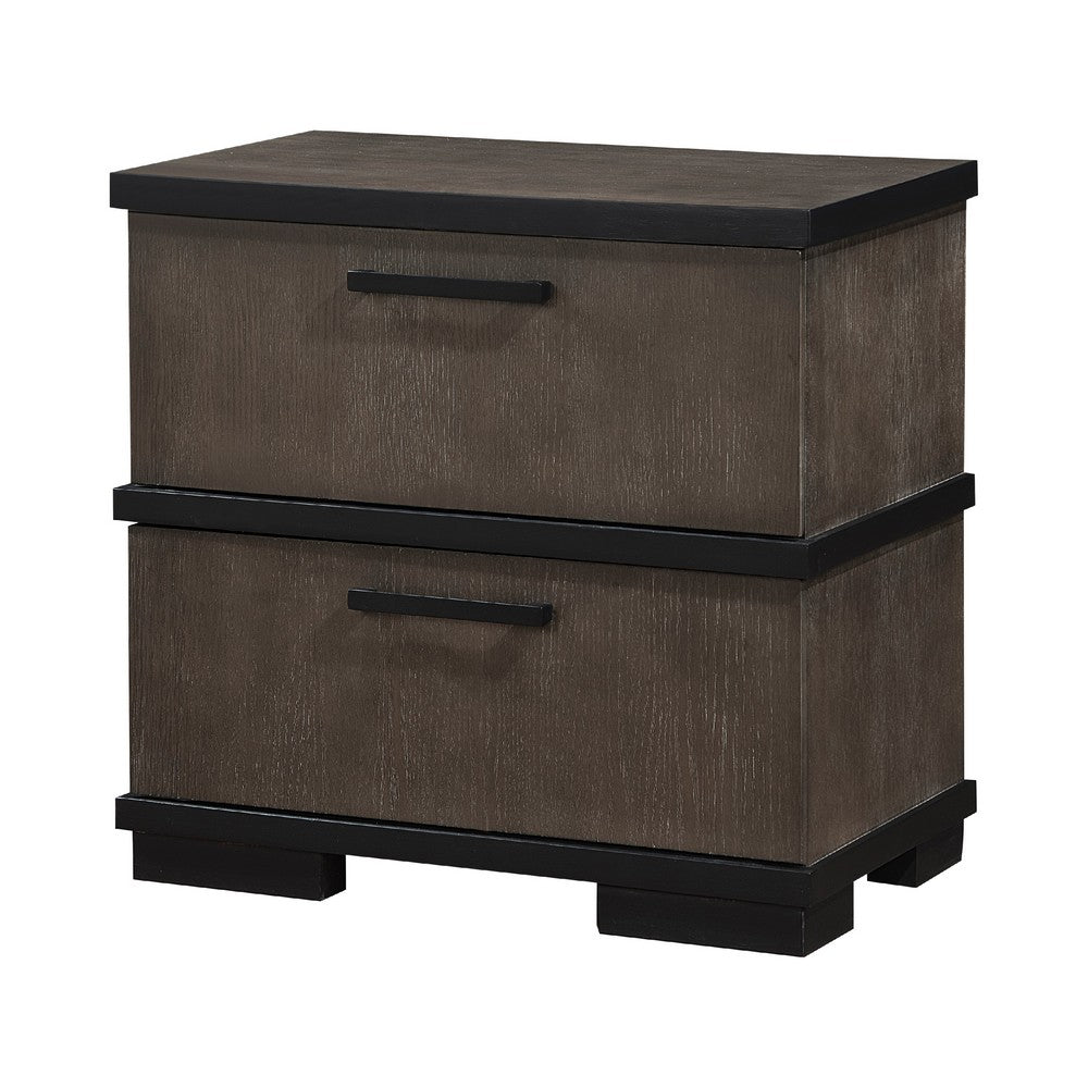 Benjara Acy Nightstand, 2 Drawers, Brownish Gray And Black Wood, Bar Handles