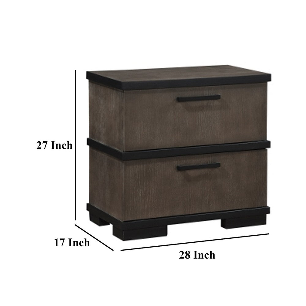 Benjara Acy Nightstand, 2 Drawers, Brownish Gray And Black Wood, Bar Handles