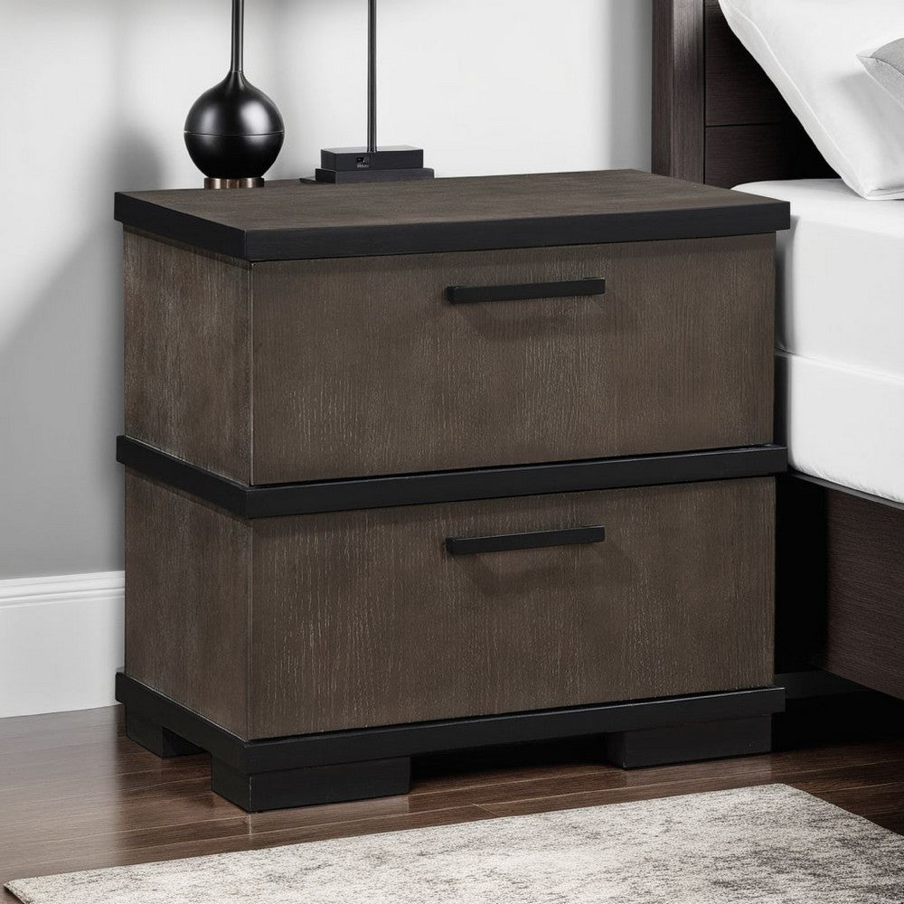 Benjara Acy Nightstand, 2 Drawers, Brownish Gray And Black Wood, Bar Handles