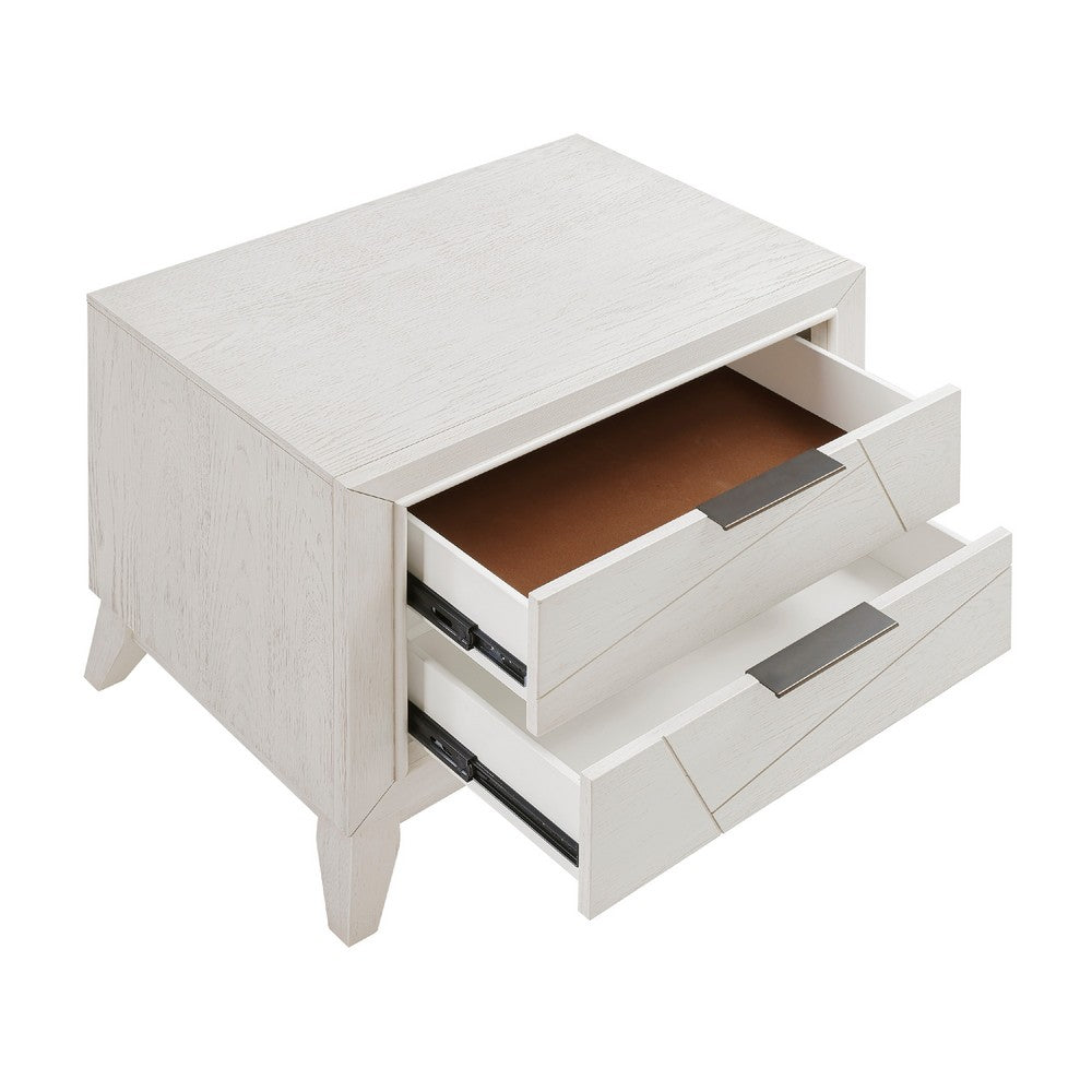 Benjara Zine Nightstand, 2 Drawers, Antique White Oak Wood, Flat Black Handles