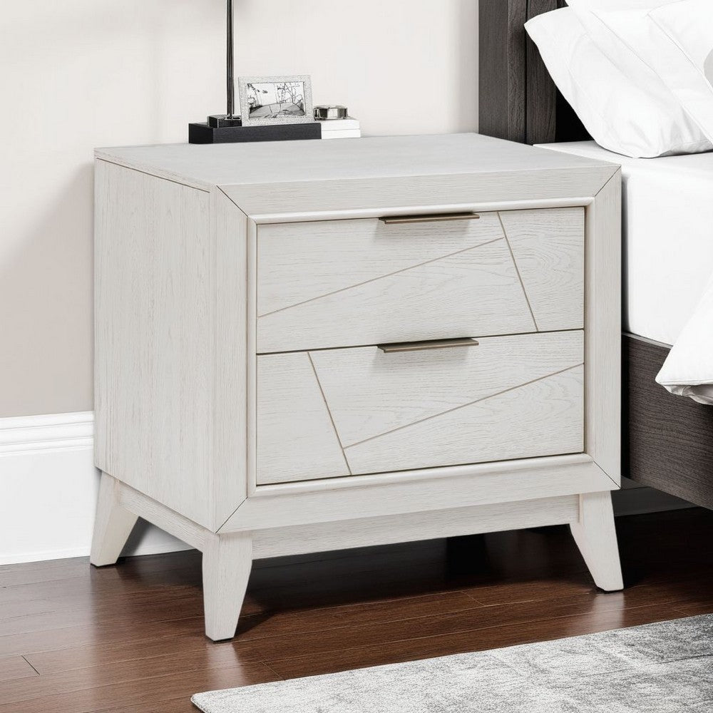 Benjara Zine Nightstand, 2 Drawers, Antique White Oak Wood, Flat Black Handles