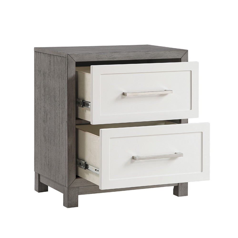 Benjara Rowy Nightstand, 2 Drawer Polished Bar Handles, Ivory And Gray Veneer