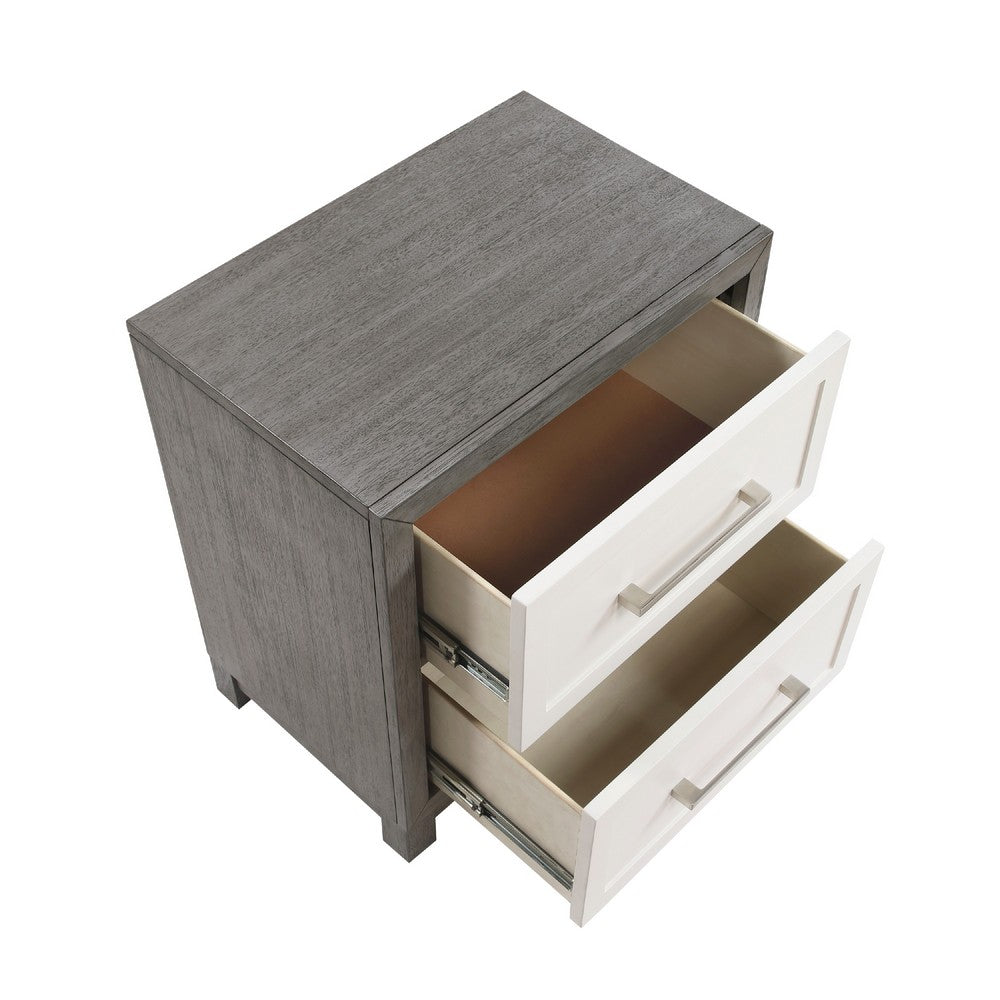 Benjara Rowy Nightstand, 2 Drawer Polished Bar Handles, Ivory And Gray Veneer