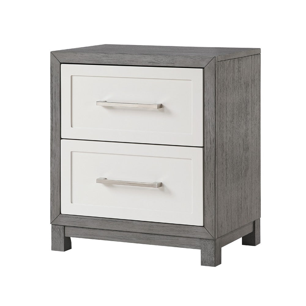 Benjara Rowy Nightstand, 2 Drawer Polished Bar Handles, Ivory And Gray Veneer