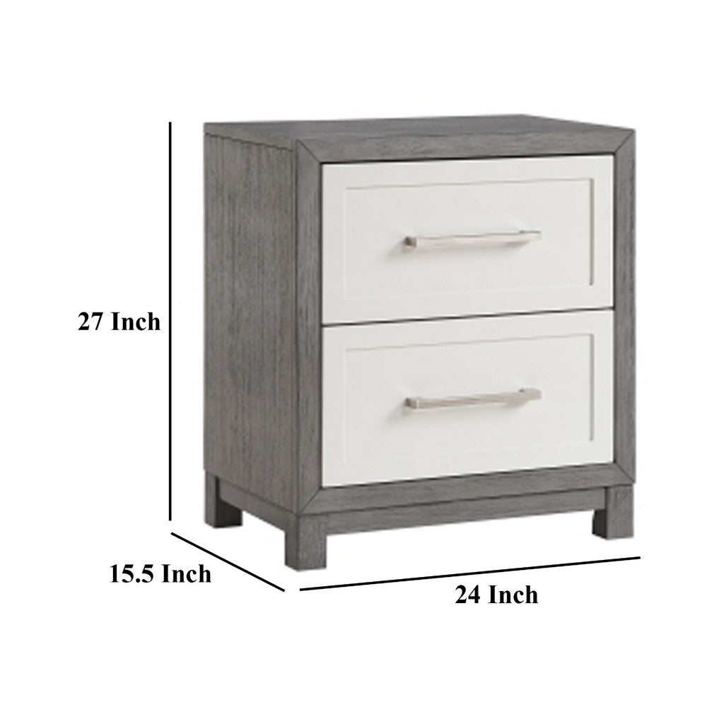 Benjara Rowy Nightstand, 2 Drawer Polished Bar Handles, Ivory And Gray Veneer