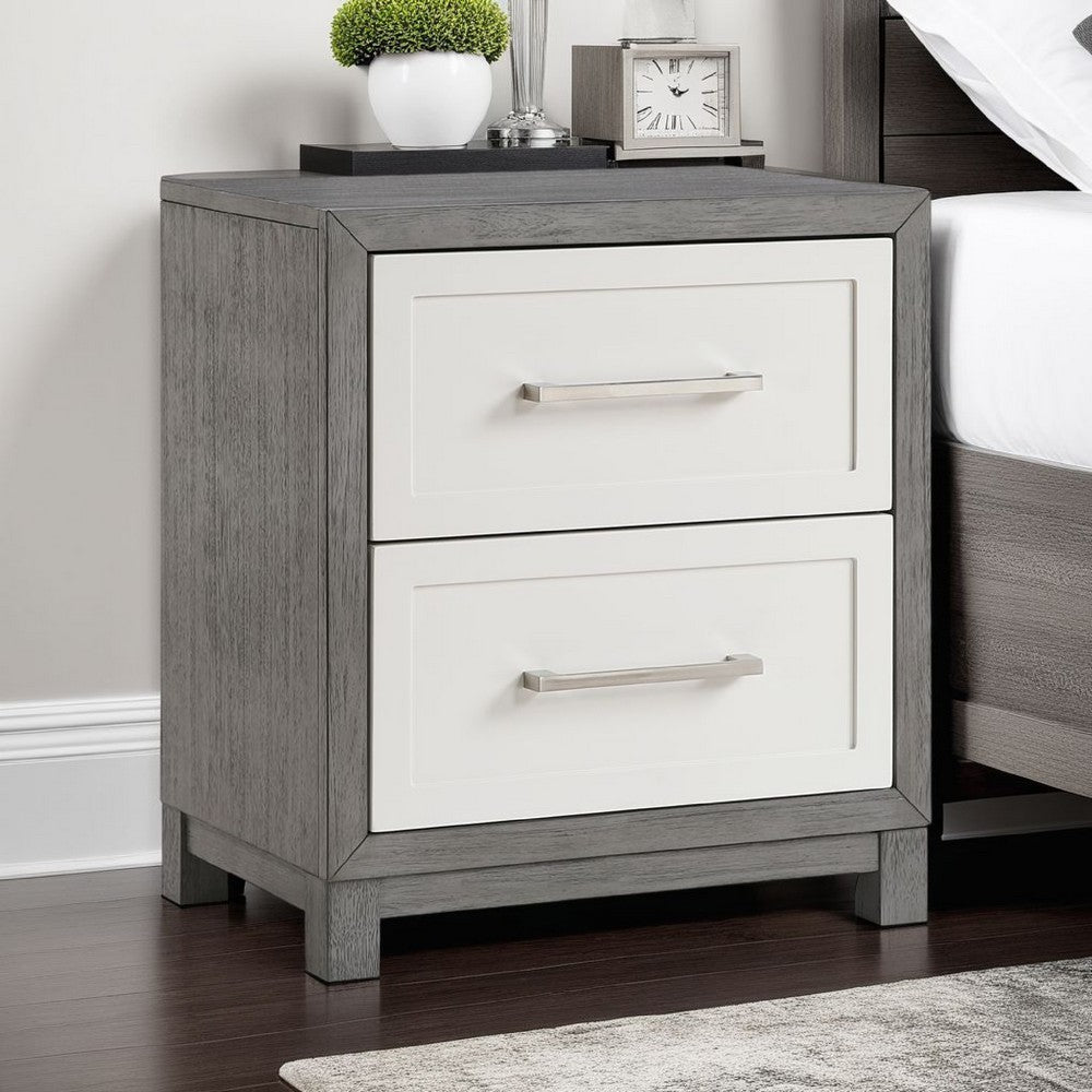 Benjara Rowy Nightstand, 2 Drawer Polished Bar Handles, Ivory And Gray Veneer