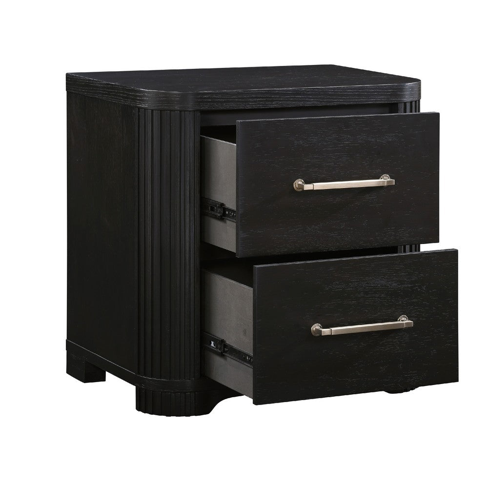 Benjara Chas Nightstand, 2 Drawers Brass Bar Handles, Charcoal Black Wood
