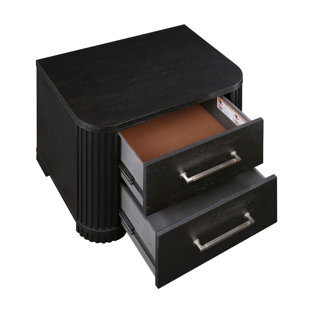 Benjara Chas Nightstand, 2 Drawers Brass Bar Handles, Charcoal Black Wood