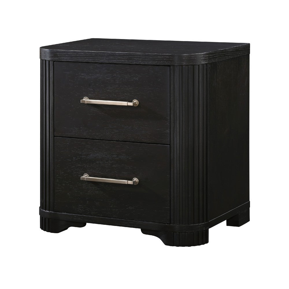 Benjara Chas Nightstand, 2 Drawers Brass Bar Handles, Charcoal Black Wood
