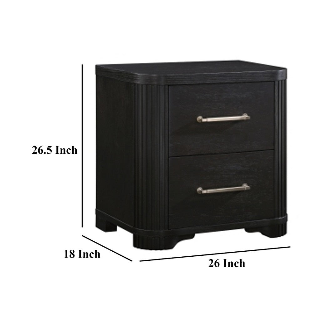 Benjara Chas Nightstand, 2 Drawers Brass Bar Handles, Charcoal Black Wood