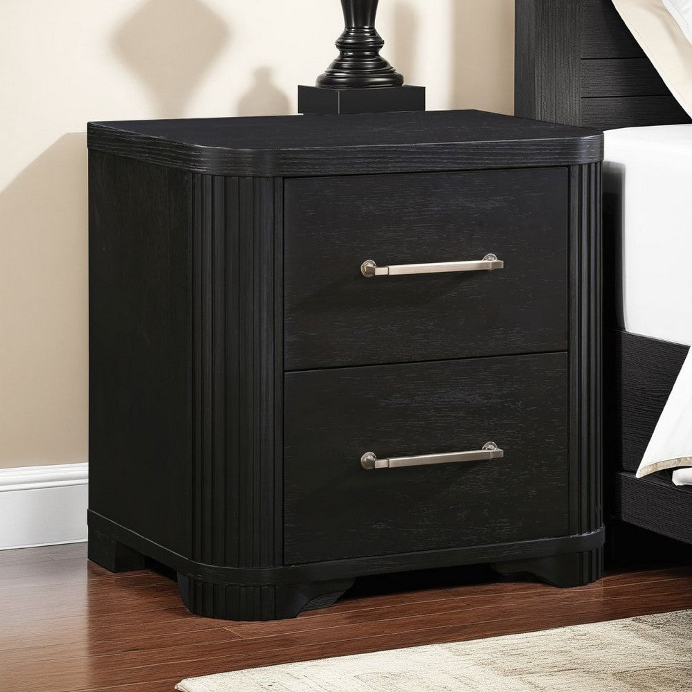 Benjara Chas Nightstand, 2 Drawers Brass Bar Handles, Charcoal Black Wood