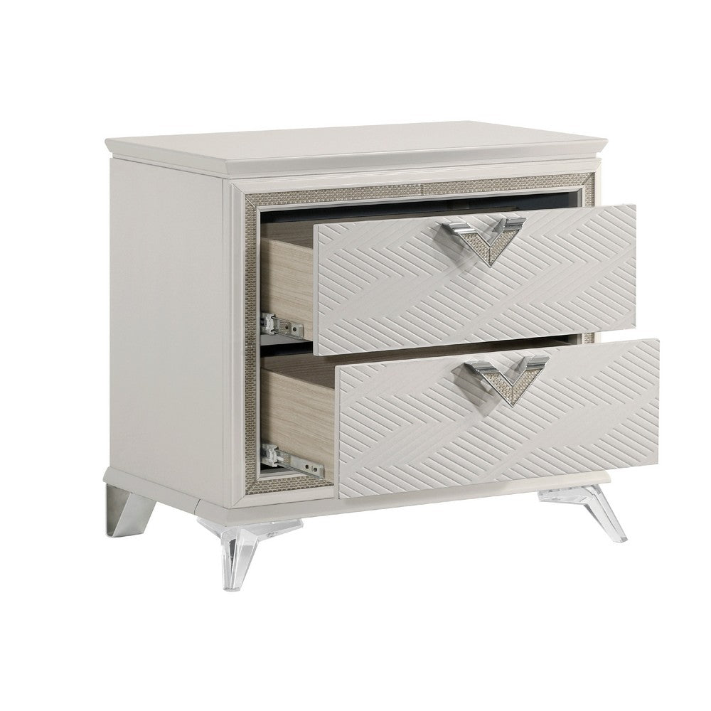 Benjara Dery Nightstand, 2 Drawers Chrome Triangle Handles, Gold White Wood