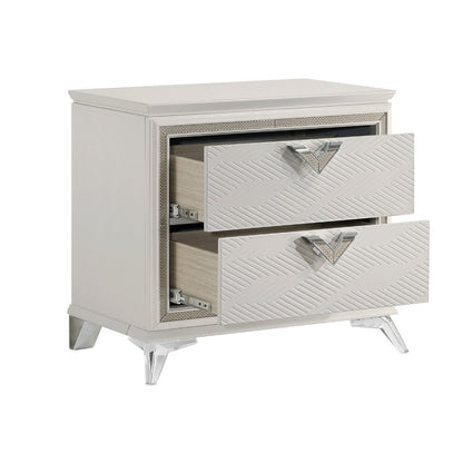 Benjara Dery Nightstand, 2 Drawers Chrome Triangle Handles, Gold White Wood