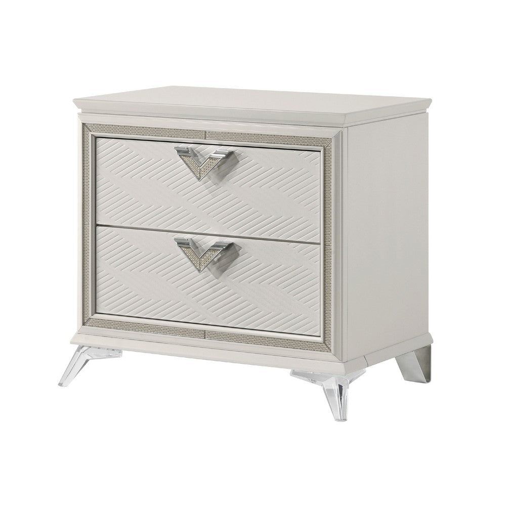 Benjara Dery Nightstand, 2 Drawers Chrome Triangle Handles, Gold White Wood