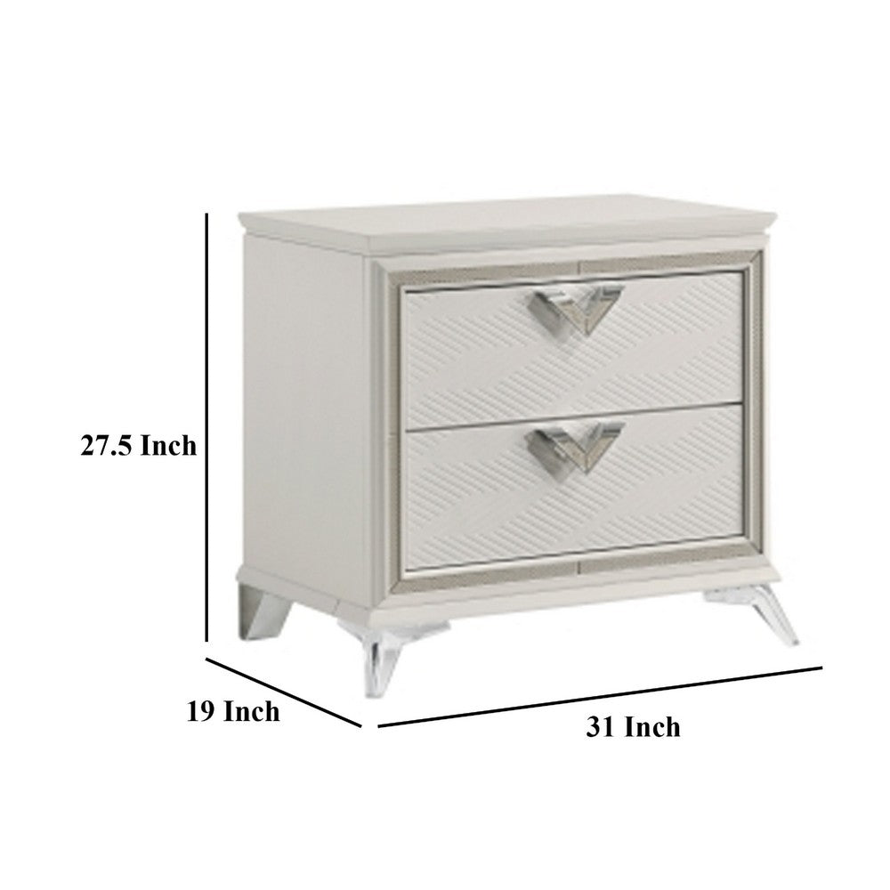 Benjara Dery Nightstand, 2 Drawers Chrome Triangle Handles, Gold White Wood