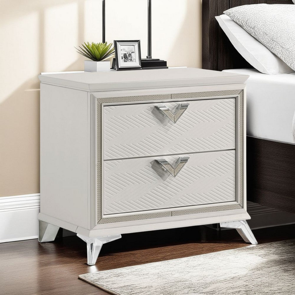 Benjara Dery Nightstand, 2 Drawers Chrome Triangle Handles, Gold White Wood