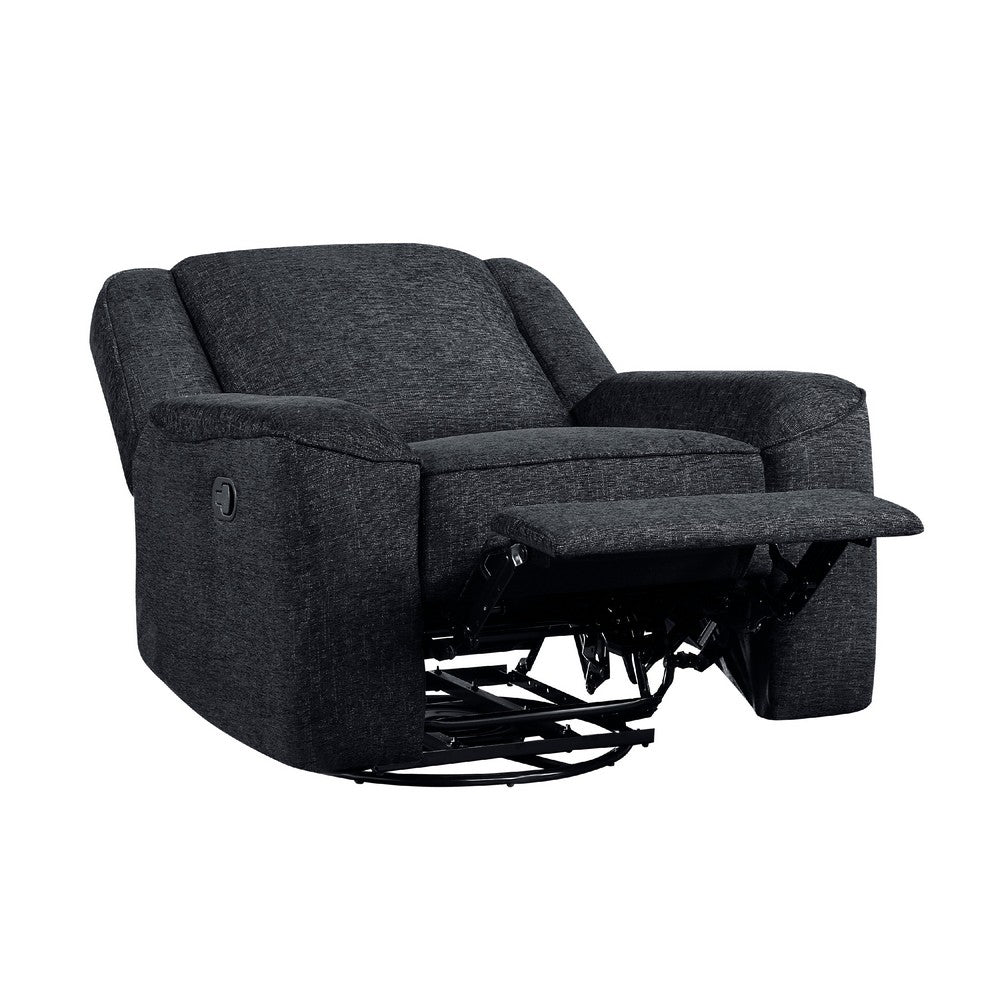 Benjara Ruma Swivel Manual Reclining Chair w Tab Pull, Ebony Black Chenille