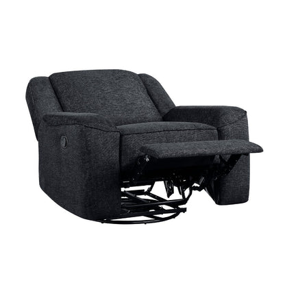 Benjara Ruma Swivel Manual Reclining Chair w Tab Pull, Ebony Black Chenille