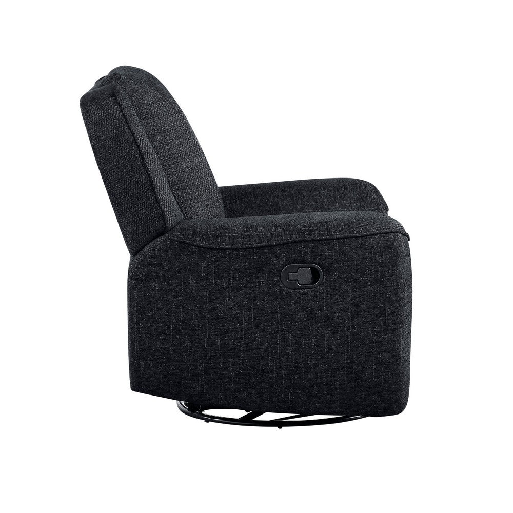 Benjara Ruma Swivel Manual Reclining Chair w Tab Pull, Ebony Black Chenille