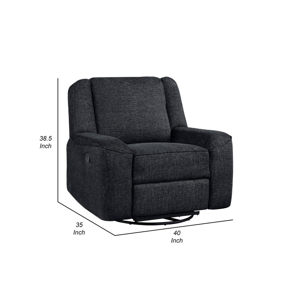 Benjara Ruma Swivel Manual Reclining Chair w Tab Pull, Ebony Black Chenille