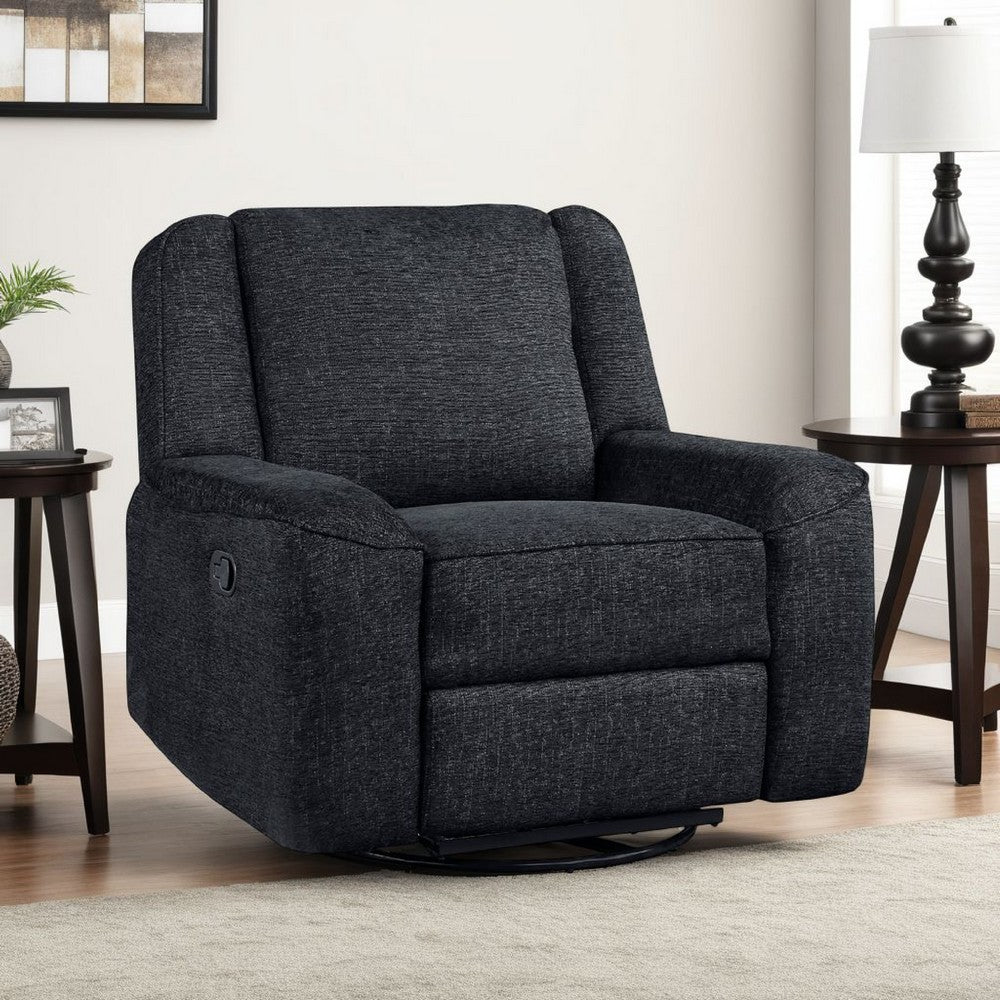 Benjara Ruma Swivel Manual Reclining Chair w Tab Pull, Ebony Black Chenille