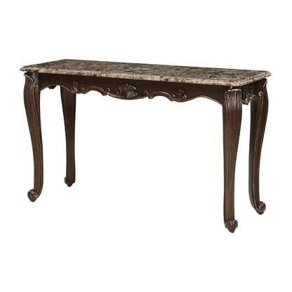 Benjara Hesar Sofa Console Table, 53 Inch Marble, Cherry Brown Wood, Cabriole