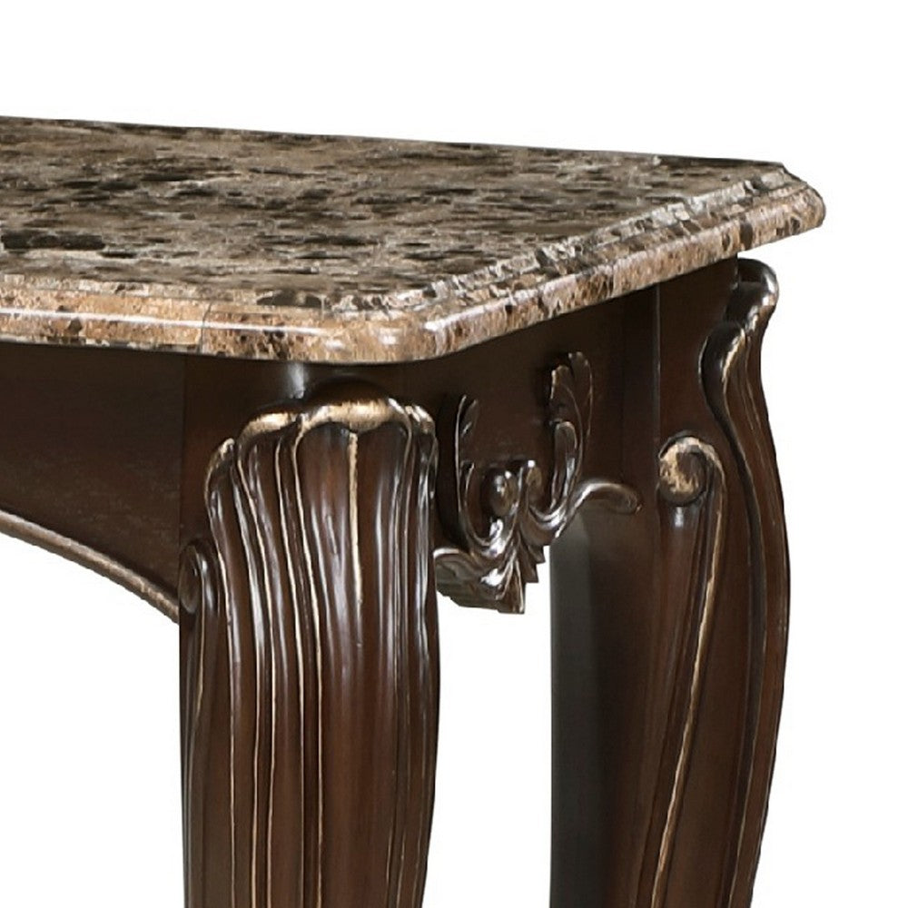 Benjara Hesar Sofa Console Table, 53 Inch Marble, Cherry Brown Wood, Cabriole